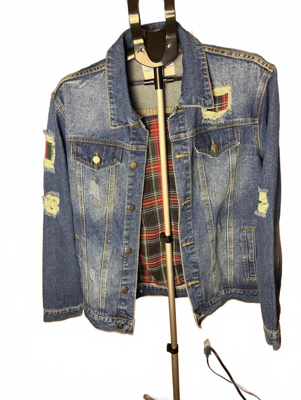 Fashion Nova Sz M Distressed Blue Denim Jacket Red Plaid Lining Punk Rock Biker